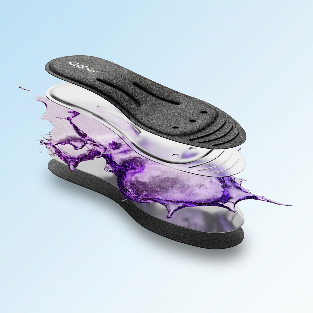 iGelSoles cutaway with feature callouts — moisture wicking lining, 100% non-toxic liquid glycerin, sealed polymer construction