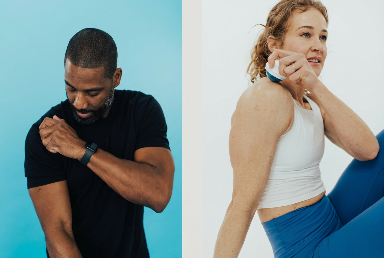 Side-by-side: man gripping a sore shoulder next to a woman using the iGel rolling massage ball on her shoulder